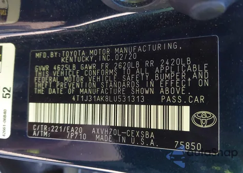 2020 Toyota Camry Se Hybrid из США, поврежденный, VIN 4T1J31AK8LU531313